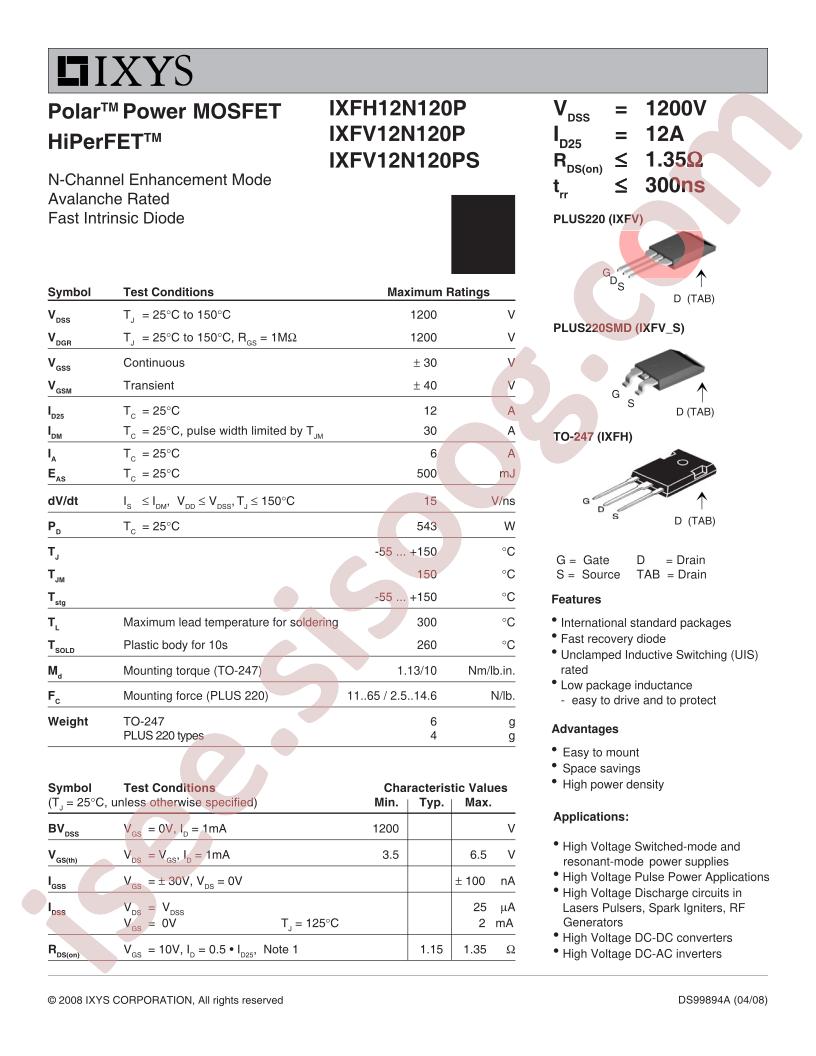 IXF(H,V)12N120P/S