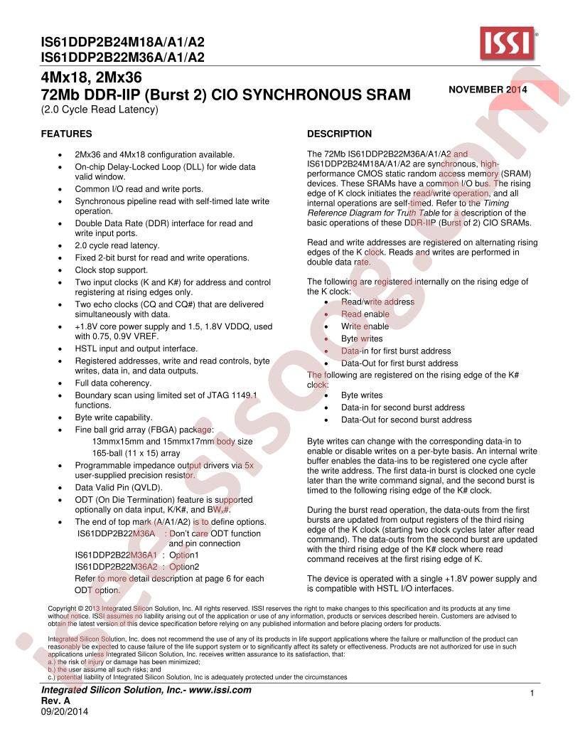 IS61DDP2B24M18A/A1/A2, IS61DDP2B22M36A/A1/A2