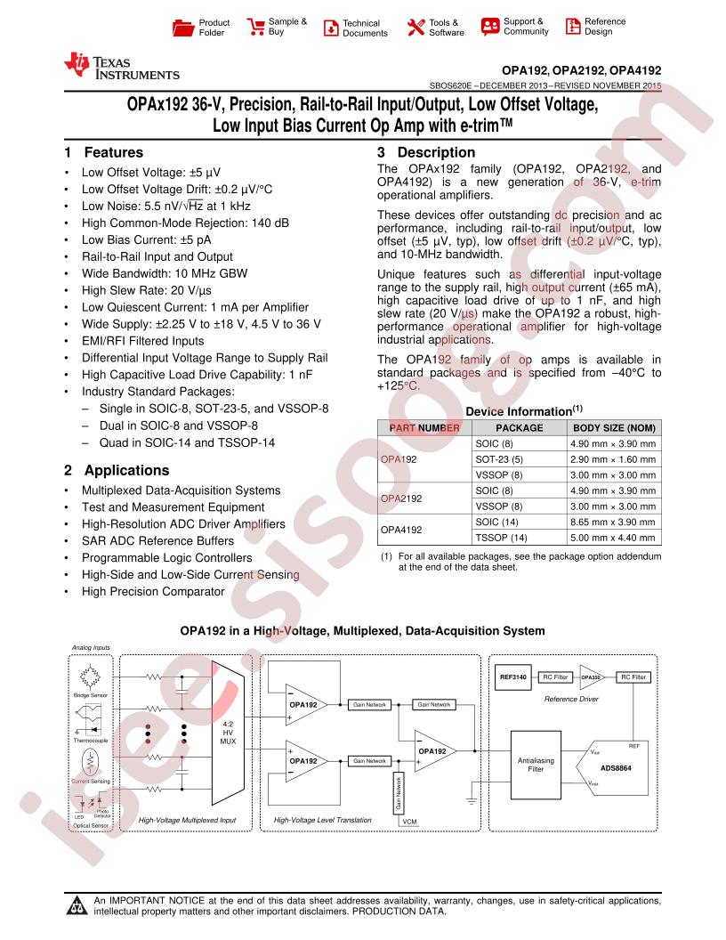 OPA192,2192,4192 Datasheet