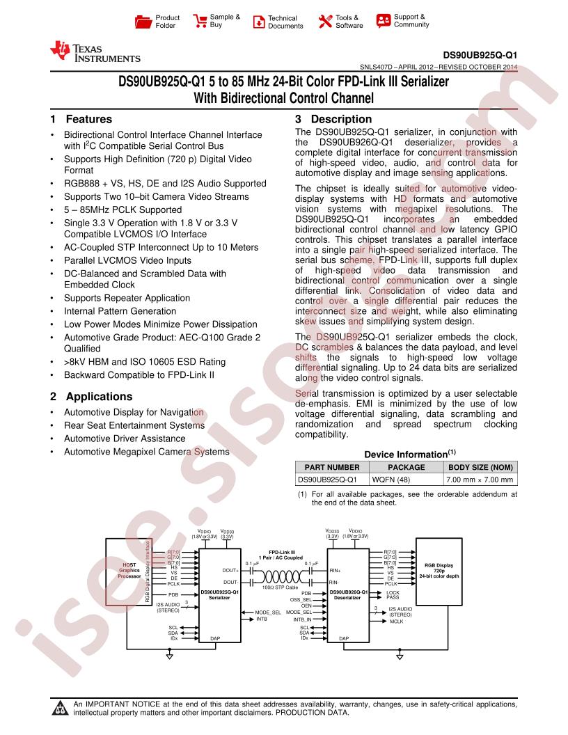 DS90UB925Q-Q1 Datasheet