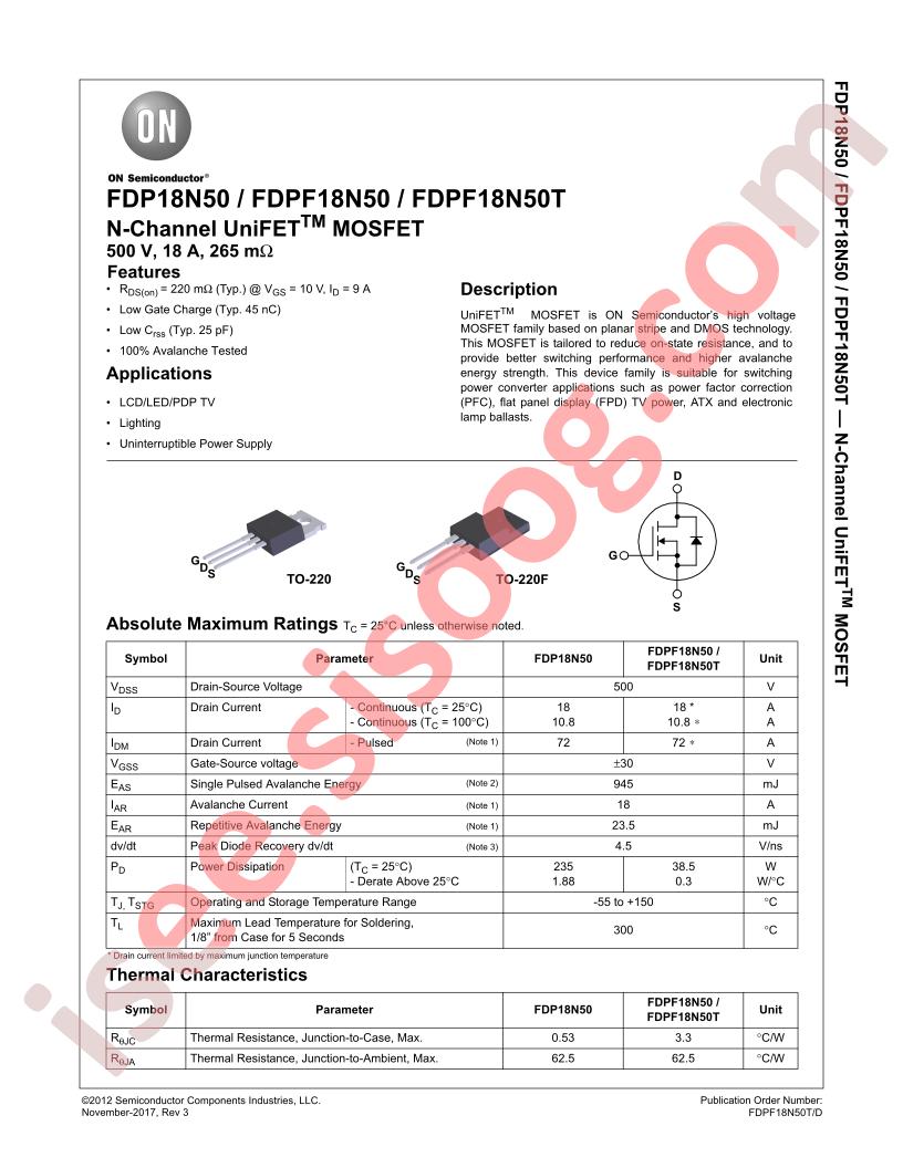 FDP18N50, FDPF18N50