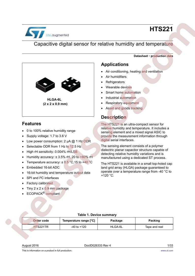 HTS221 Datasheet