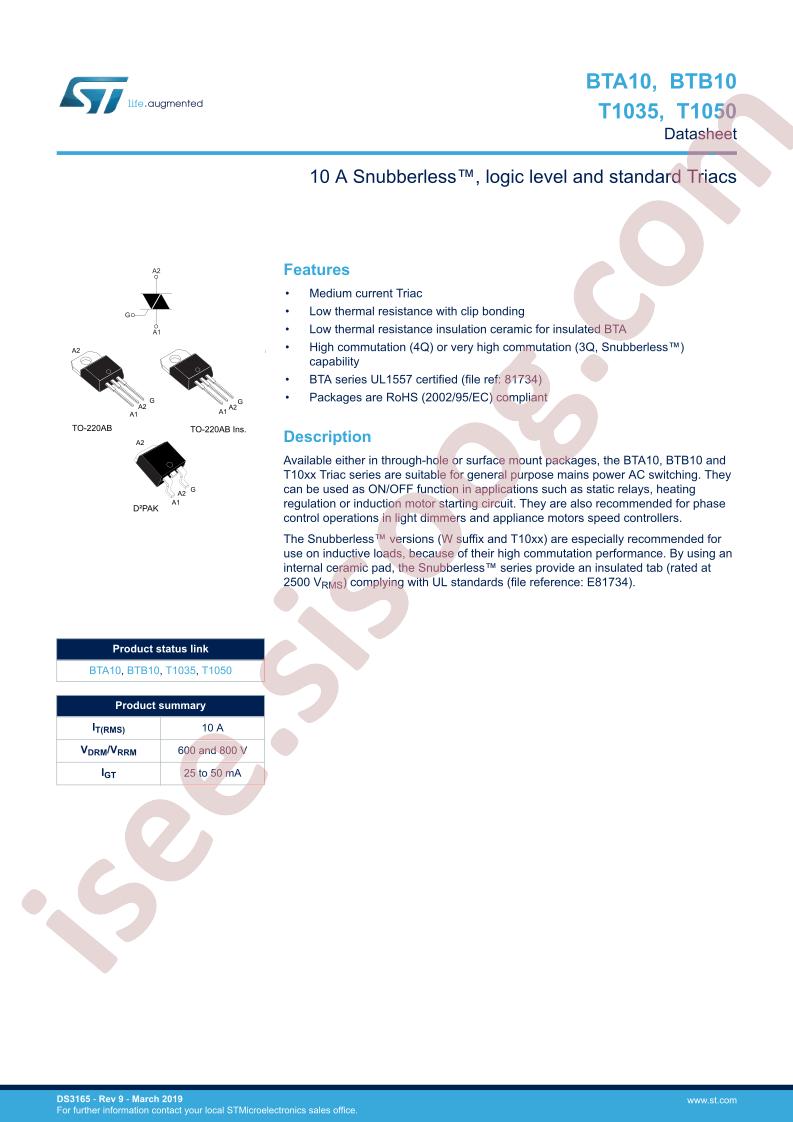 BTA10, BTB10, T1035, T1050 Datasheet