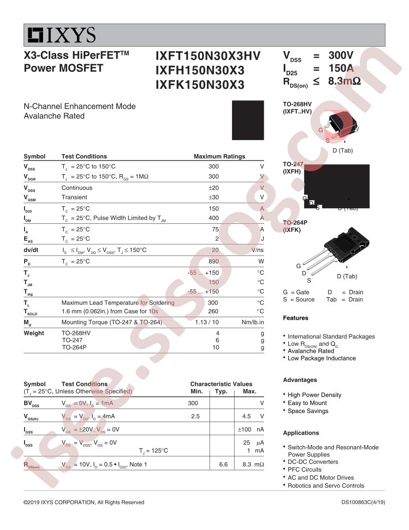 IXFx150N30X3, IXFT150N30X30HV
