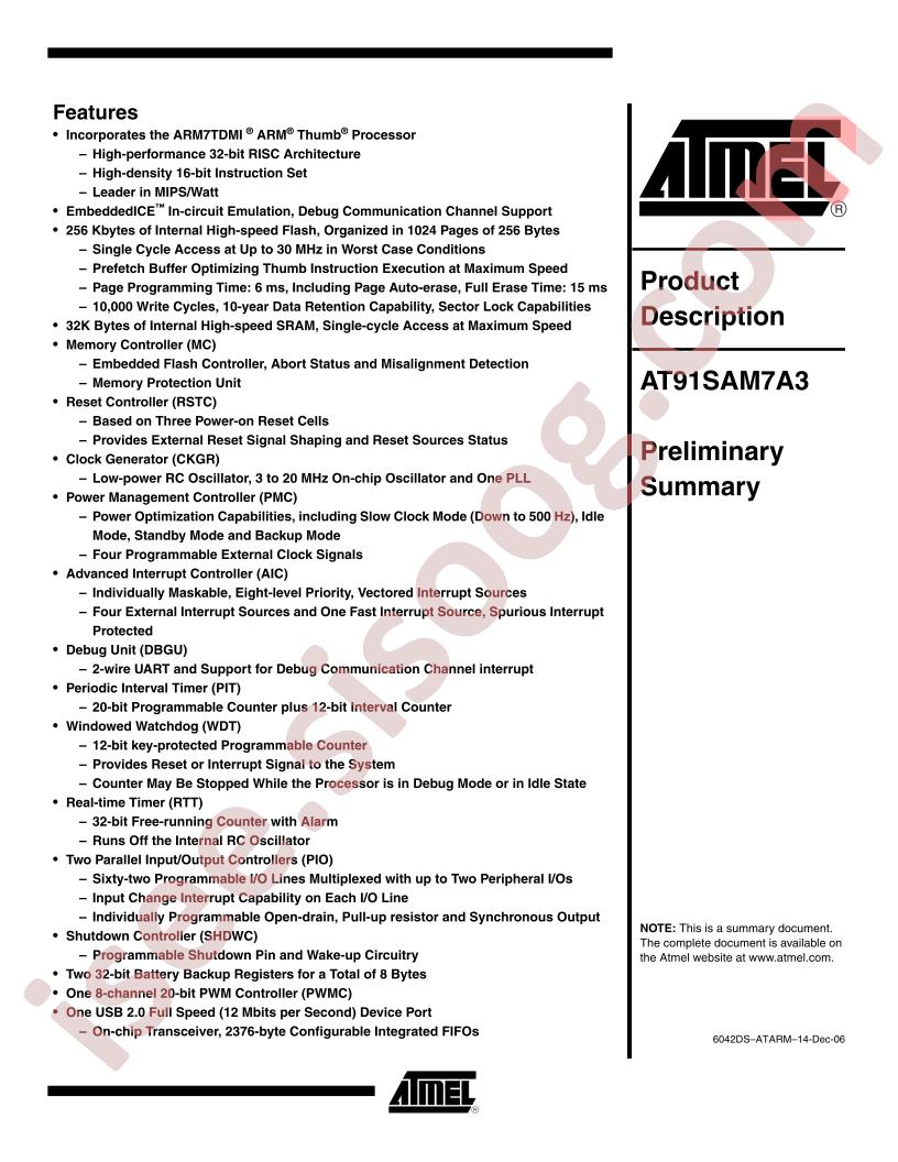 AT91SAM7A3 Summary