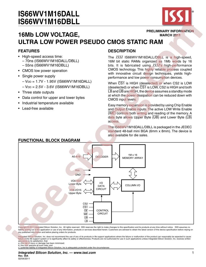 IS66WV1M16DALL, IS66WV1M16DBLL