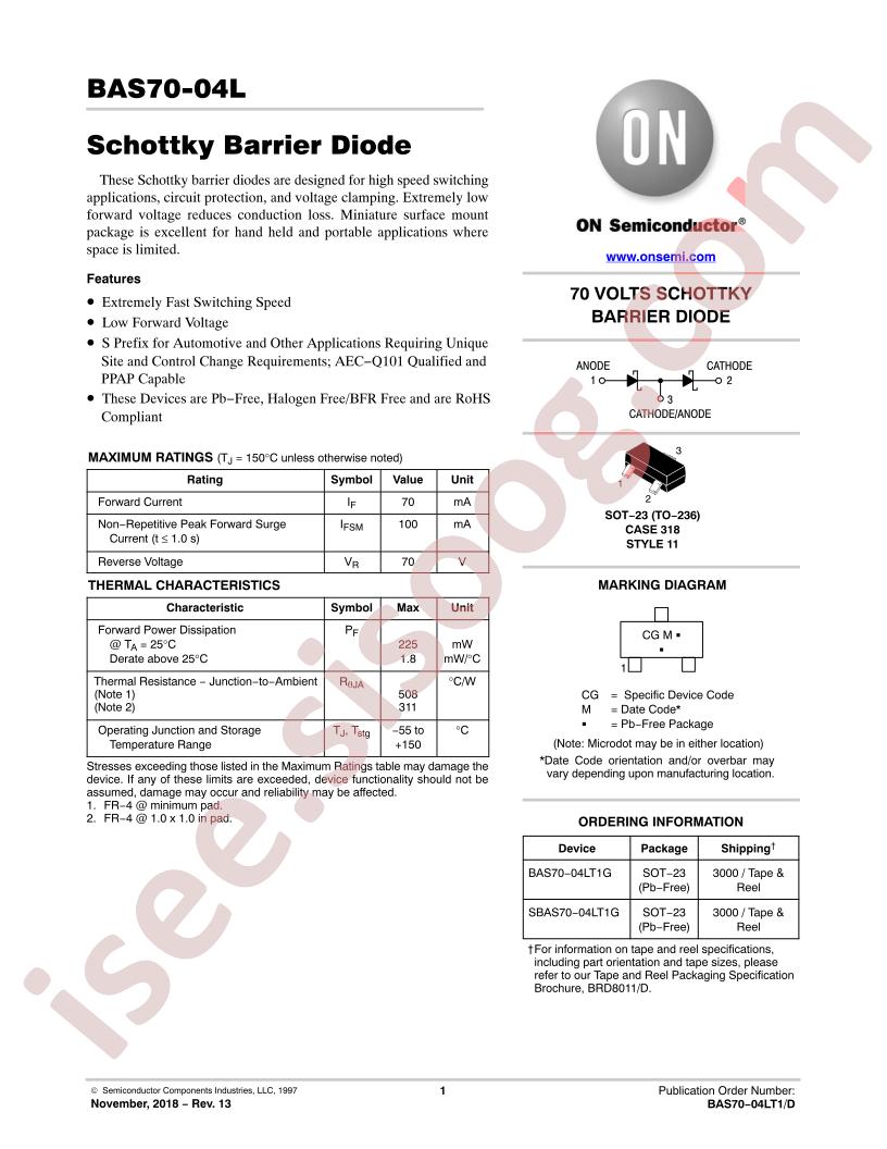 BAS70−04LT1G, SBAS70−04LT1G