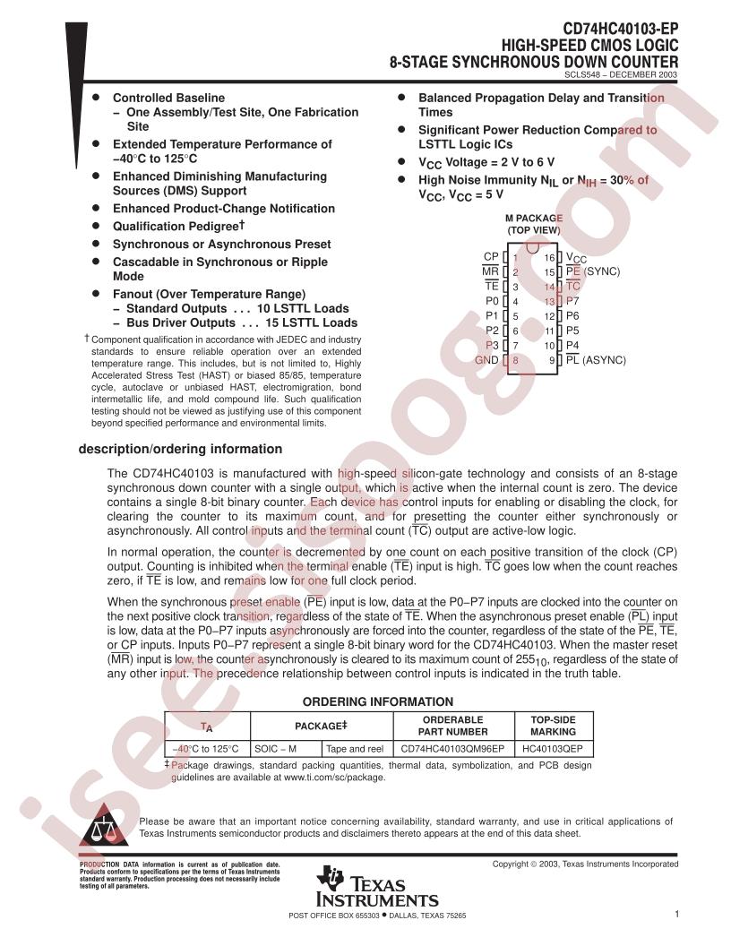 CD74HC40103-EP