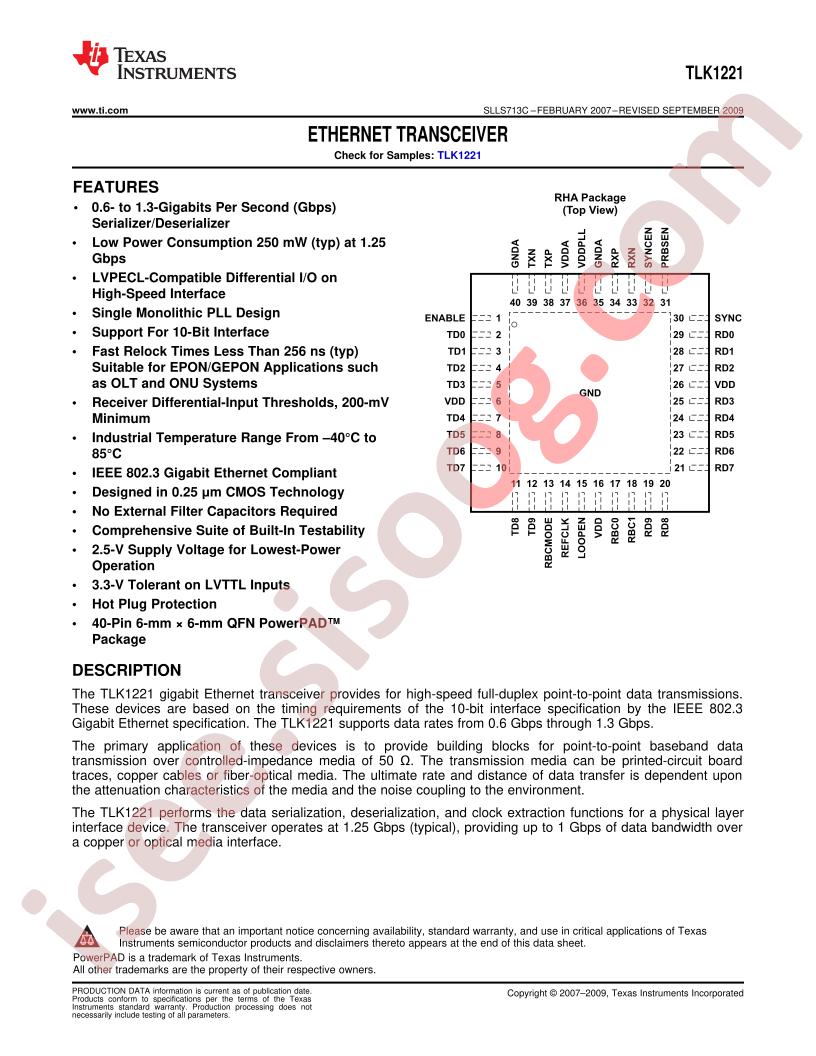 TLK1221 Datasheet