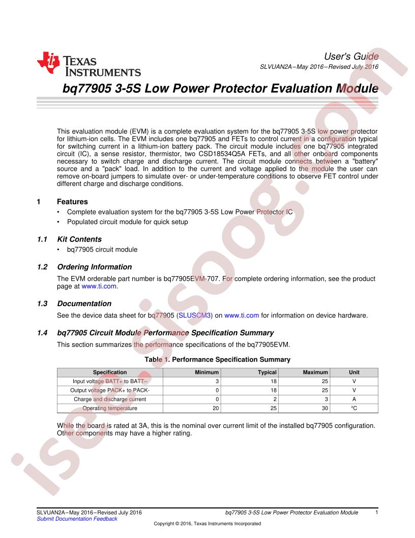 BQ77905EVM-707 User Guide