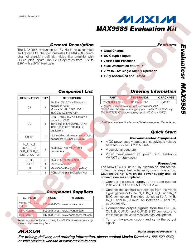 MAX9585 Evaluation Kit