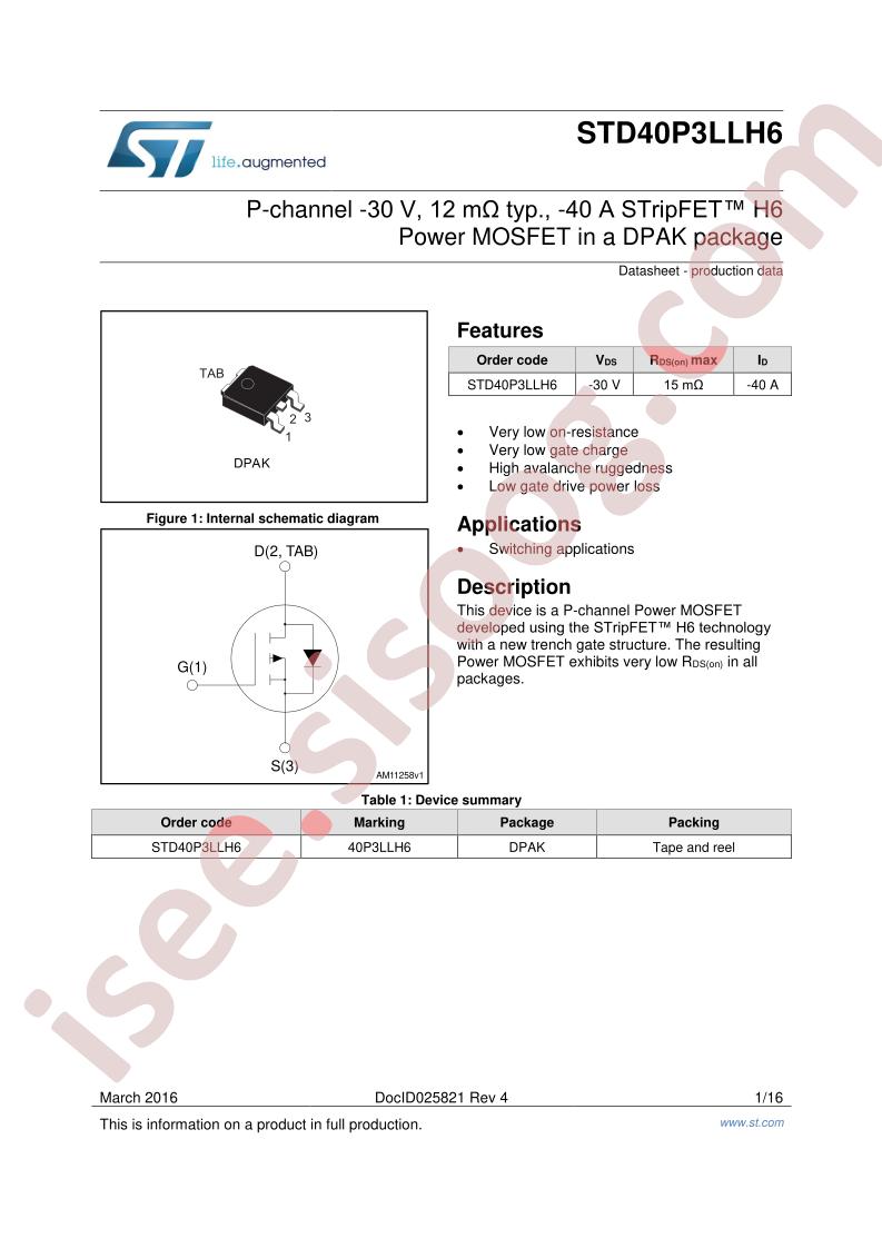 STD40P3LLH6 Datasheet