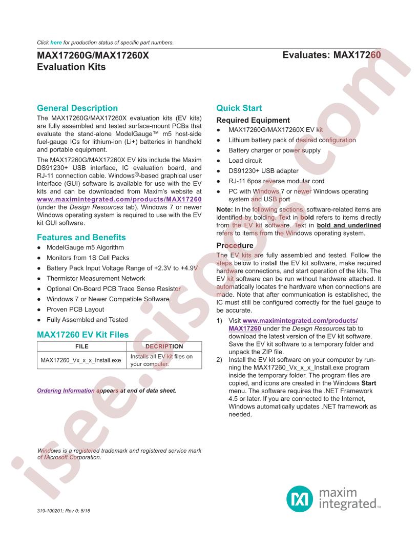 MAX17260G,X Evaluation Kits