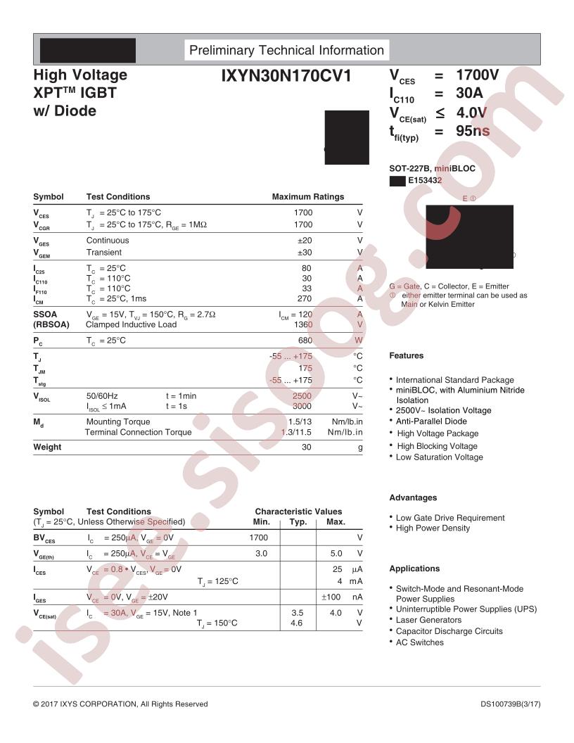 IXYN30N170CV1 Preliminary Datasheet