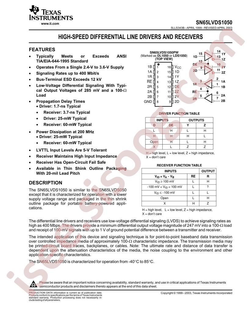 SN65LVDS1050 Datasheet