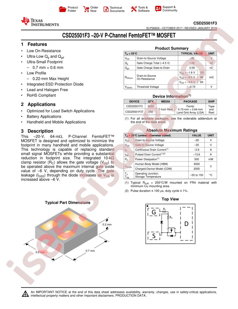 CSD25501F3 Datasheet