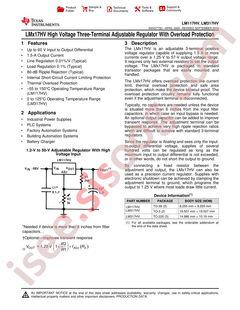 LM117HV, LM317HV Datasheet