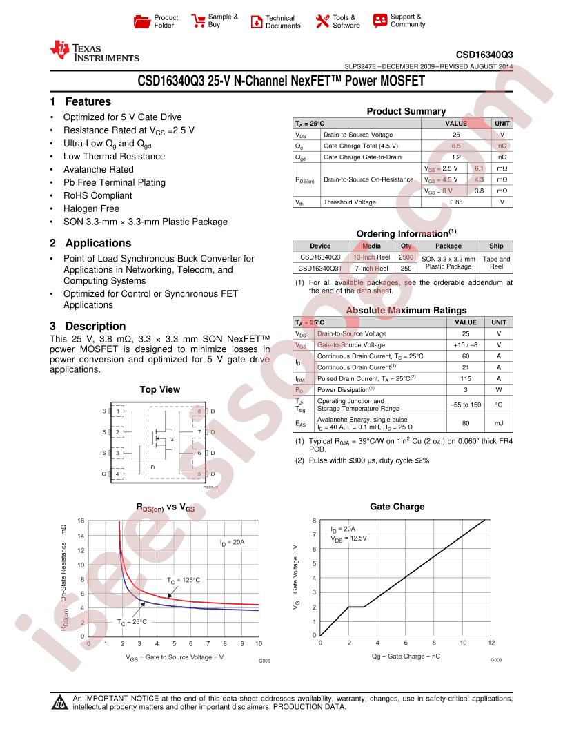 CSD16340Q3 Datasheet