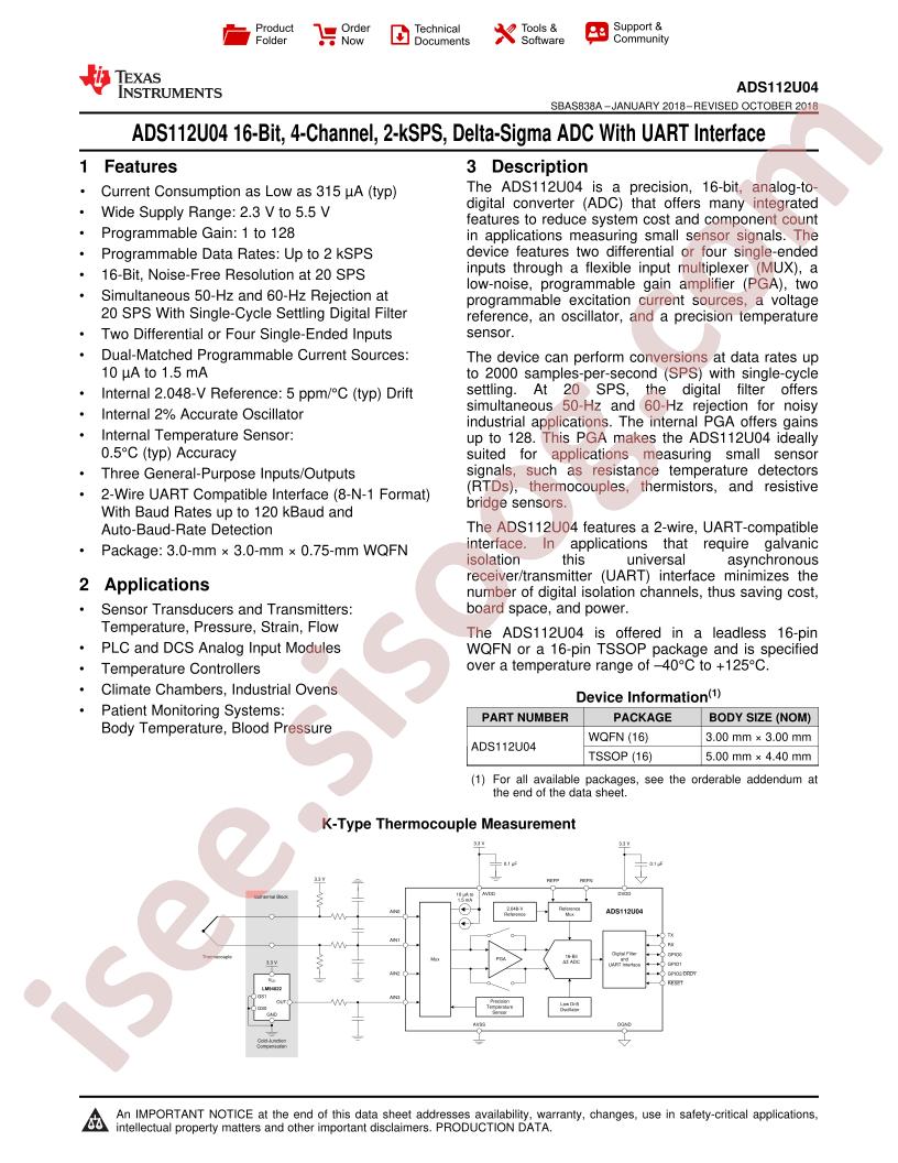 ADS112U04 Datasheet