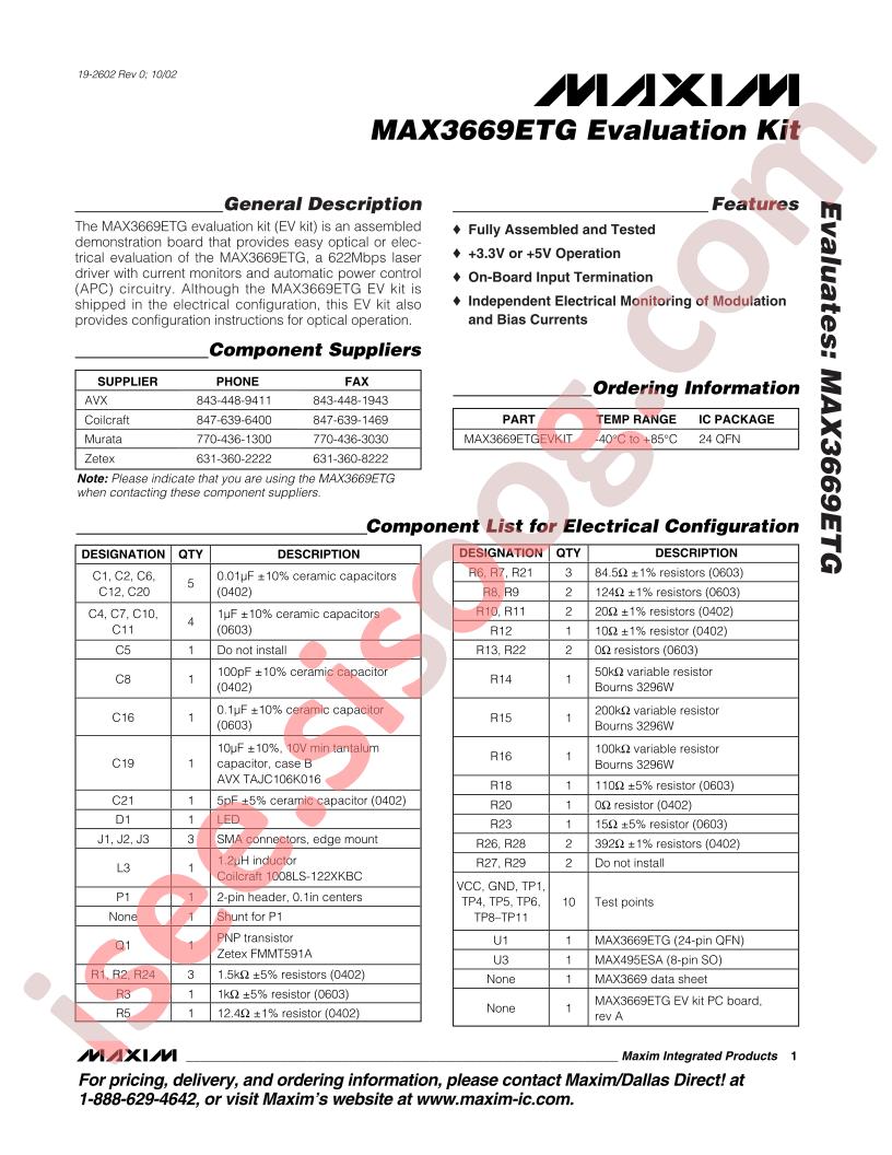 MAX3669ETG Evaluation Kit