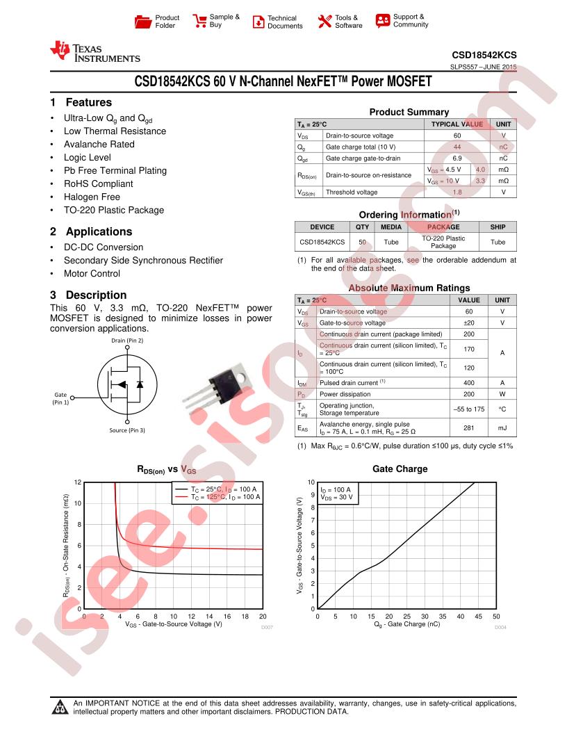 CSD18542KCS Datasheet