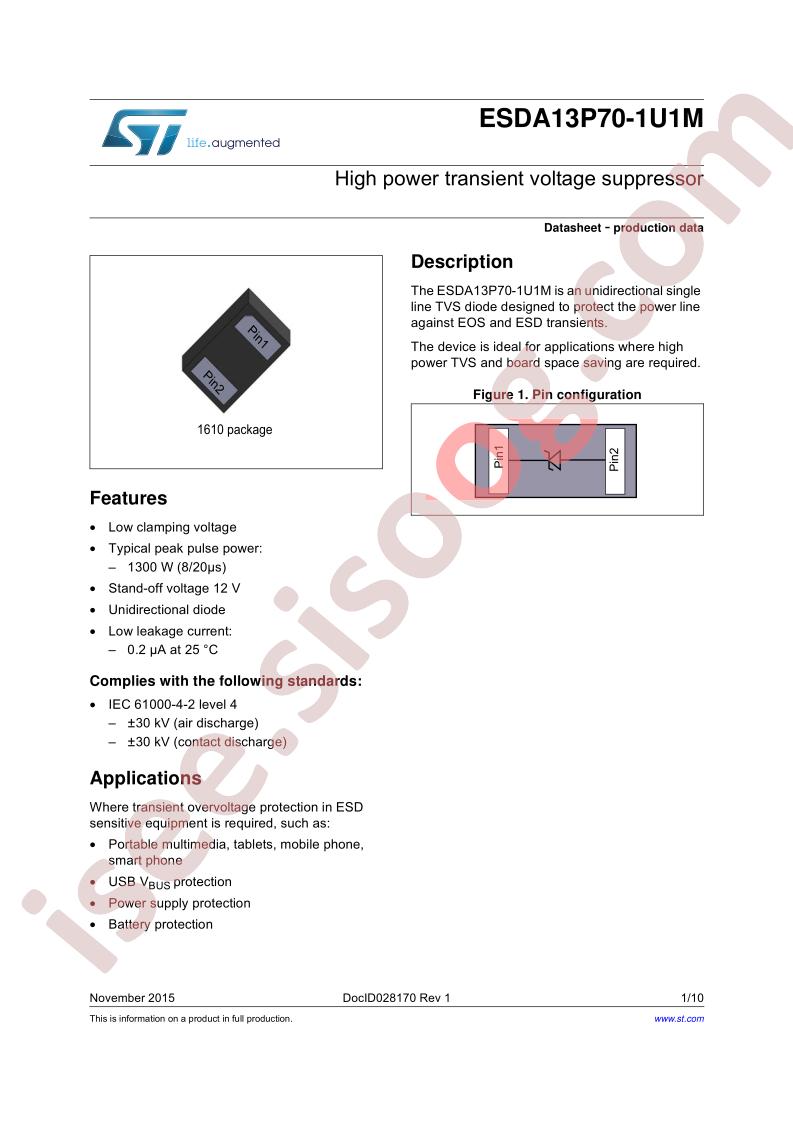 ESDA13P70-1U1M Datasheet