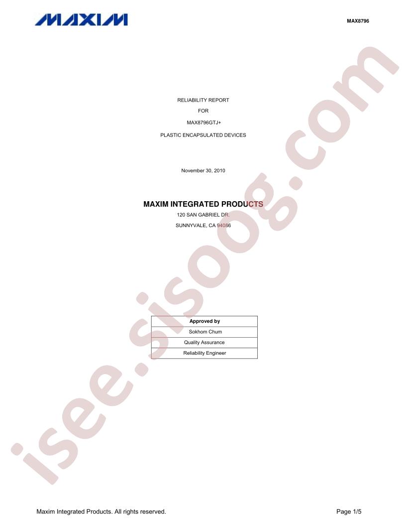 MAX8796GTJ+ Reliability Report