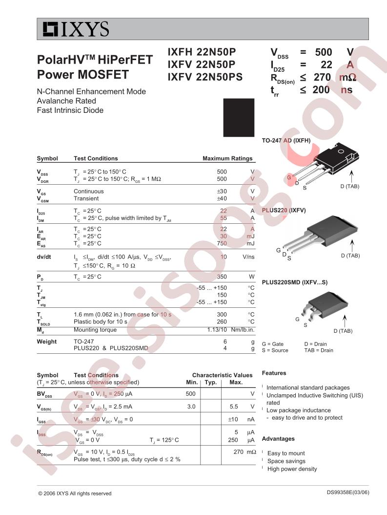 IXFH22N50P, IXFV22N50P/PS