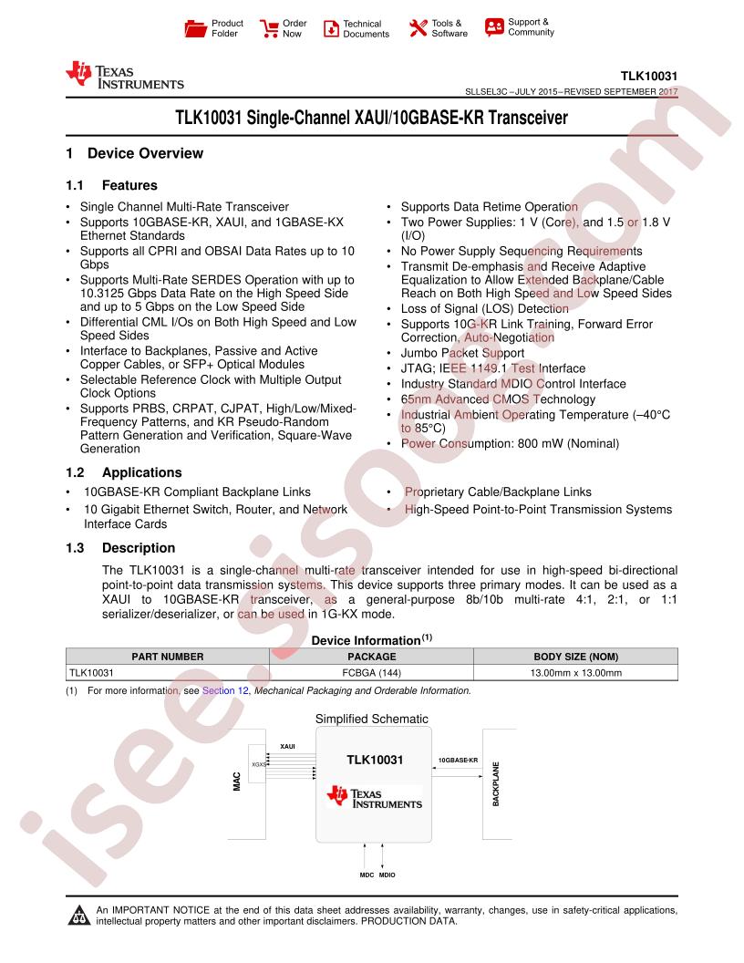TLK10031 Datasheet