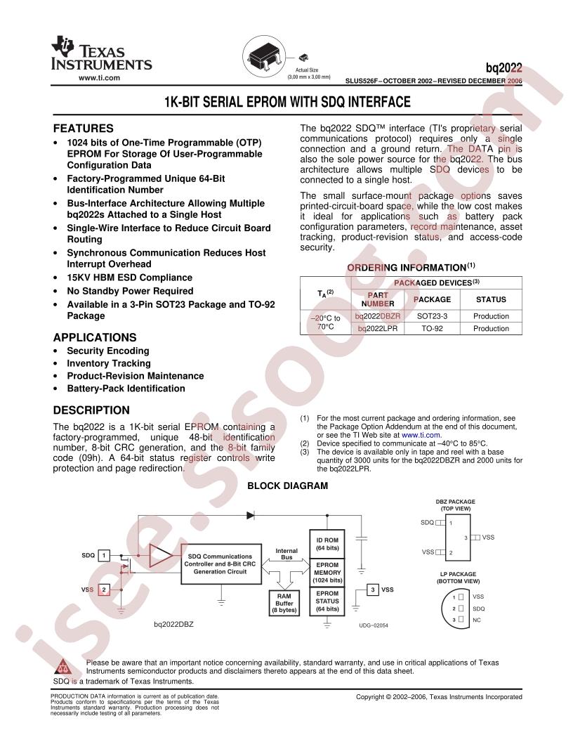 BQ2022 Datasheet