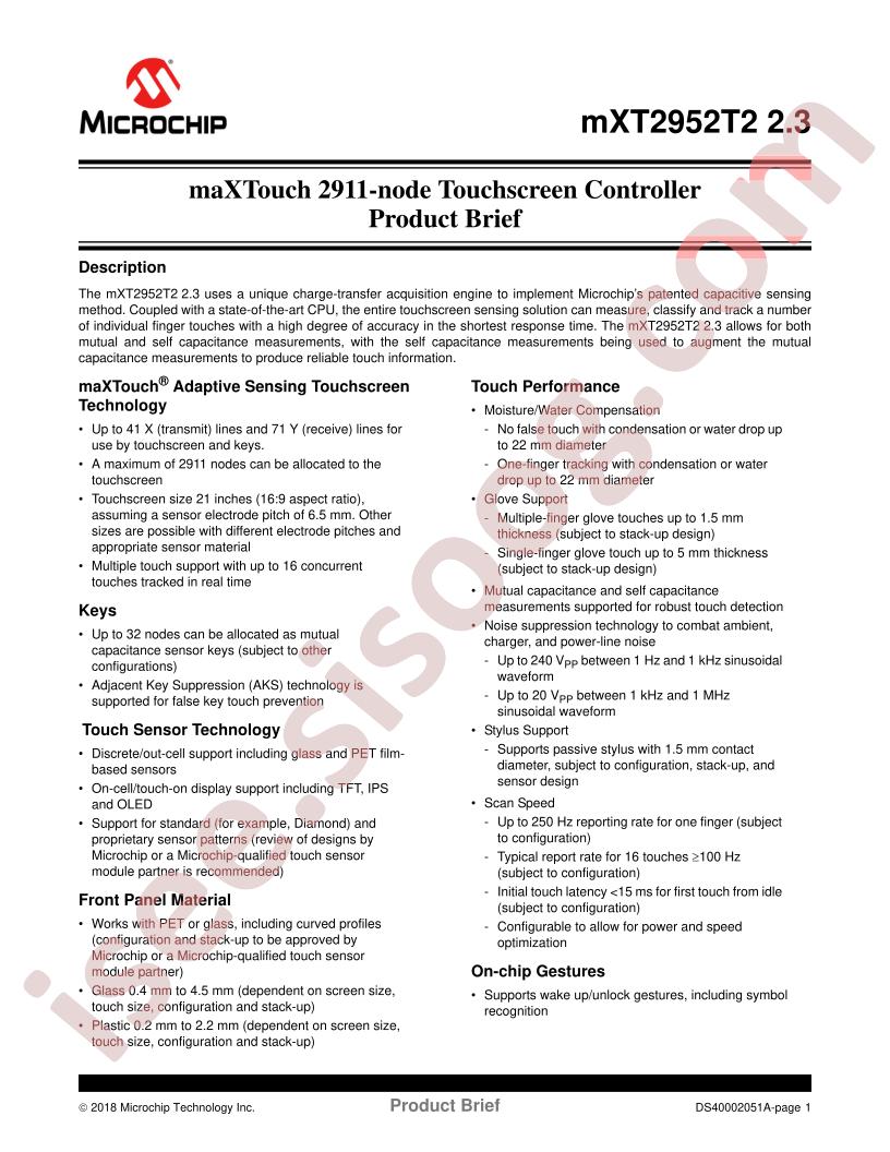 mXT2952T2 Touchscreen Controller Prod. Brief