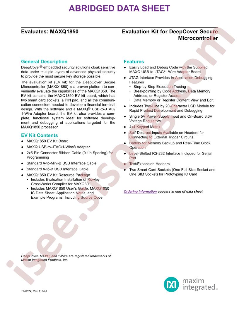 MAXQ1850 Eval Kit Abridged Datasheet