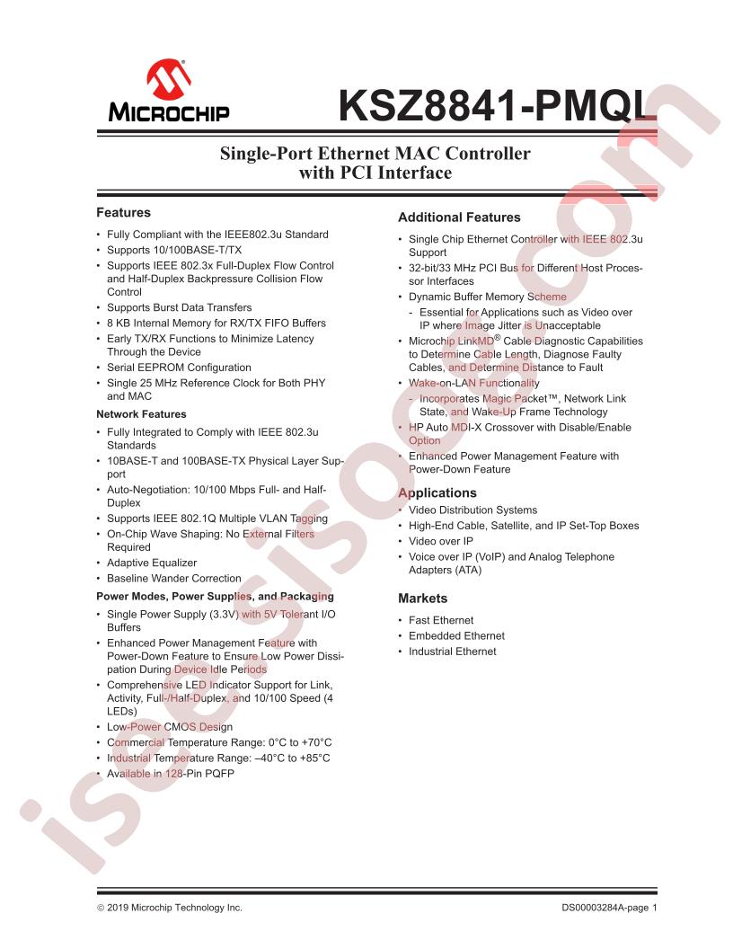 KSZ8841-PMQL Datasheet