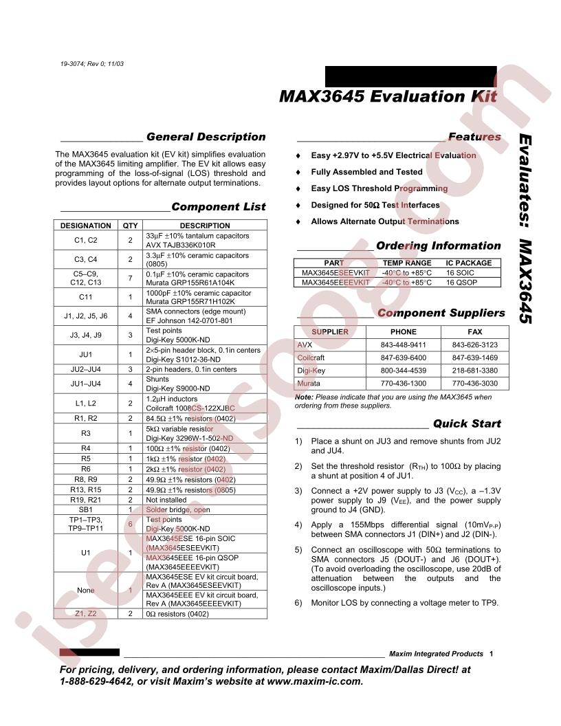 MAX3645 Evaluation Kit