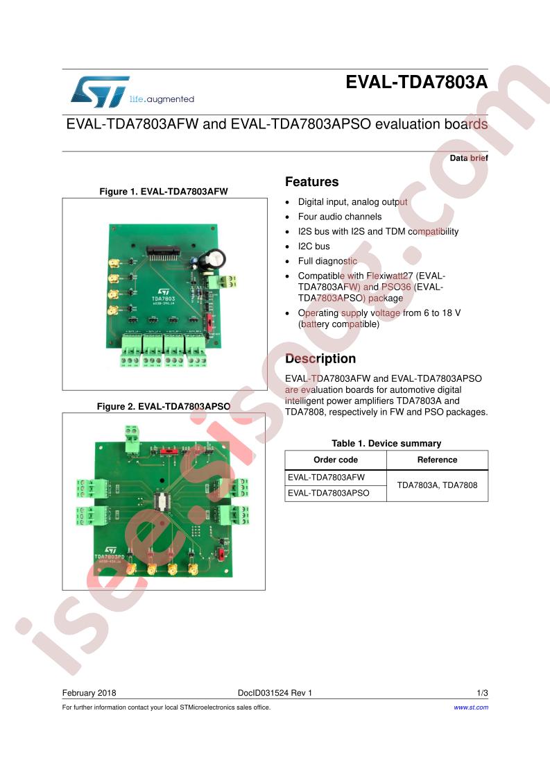 EVAL-TDA7803AFW & EVAL-TDA7803APSO Data Brief
