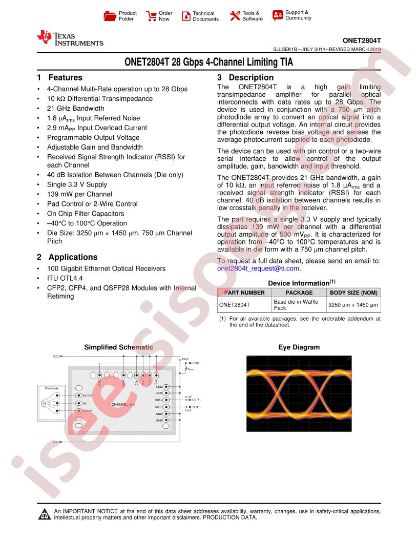 ONET2804TY Datasheet