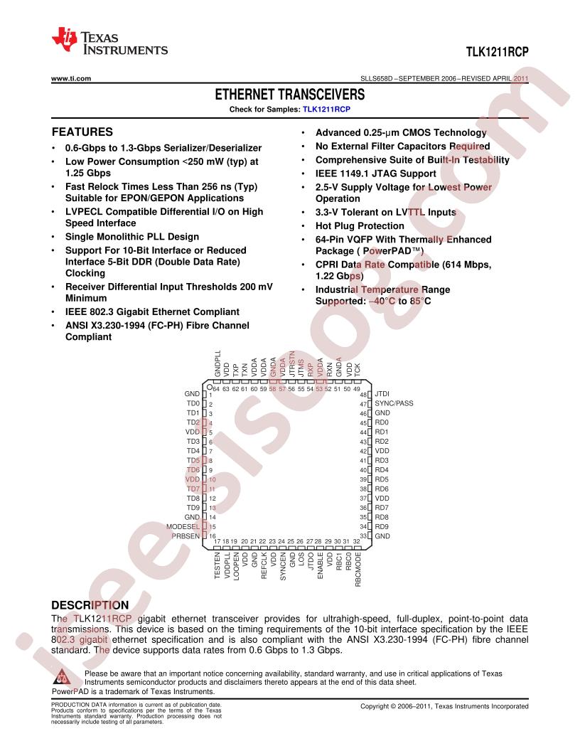 TLK1211RCP Datasheet