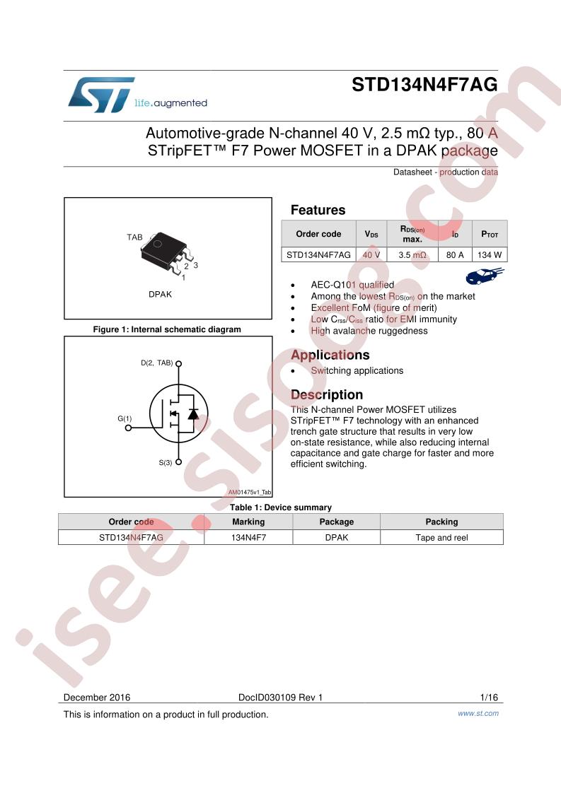 STD134N4F7AG Datasheet