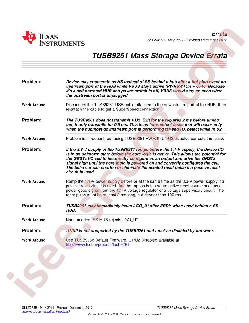 TUSB9261 Errata