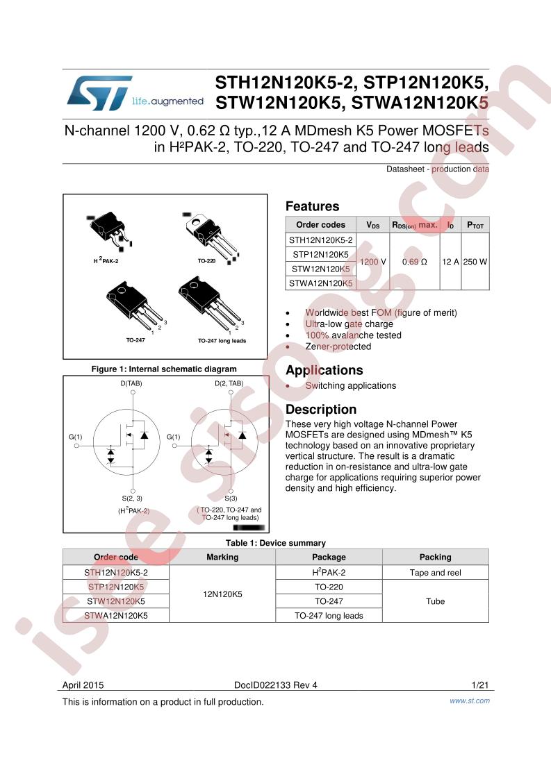 STx12N120K5(-2), STWA12N120K5