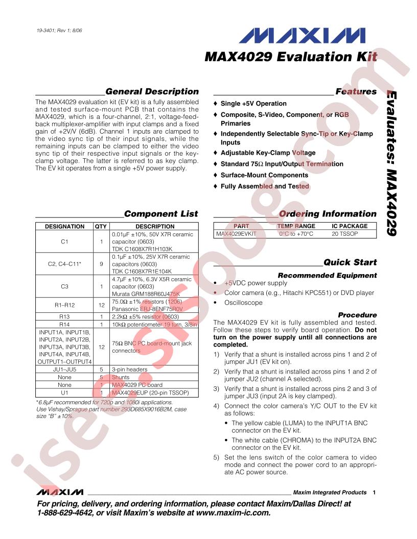 MAX4029 Evaluation Kit