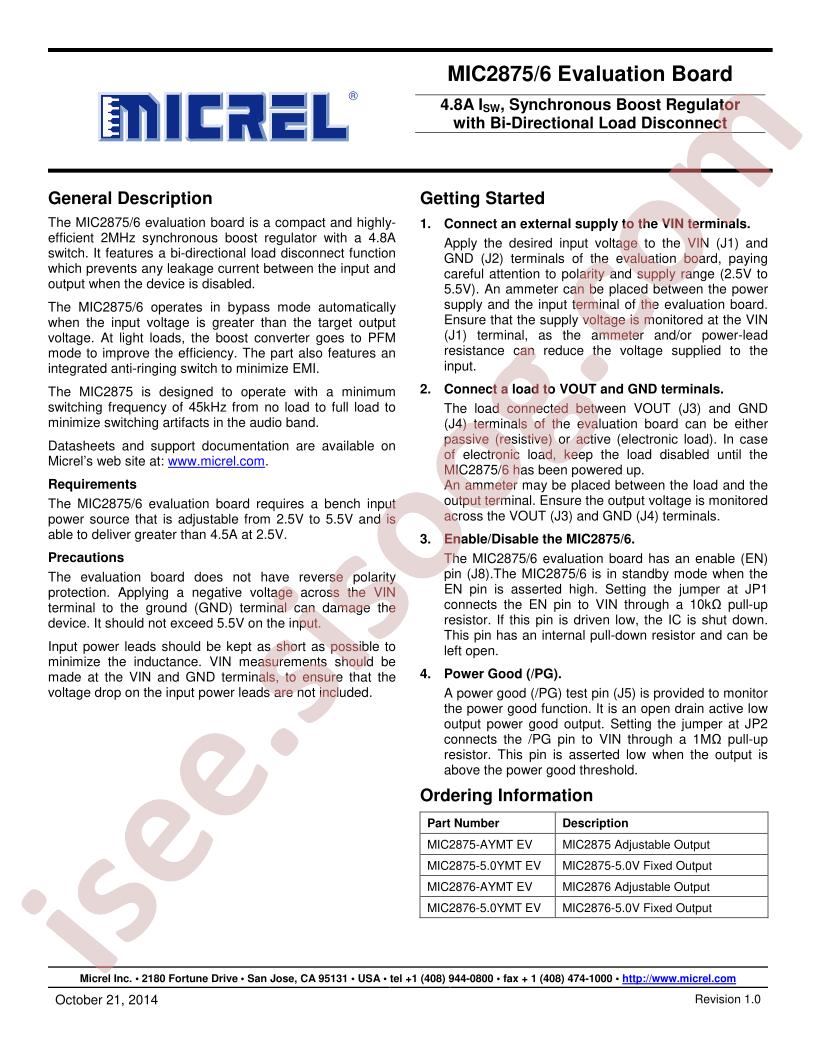 MIC2875,76 Eval Brd User Guide