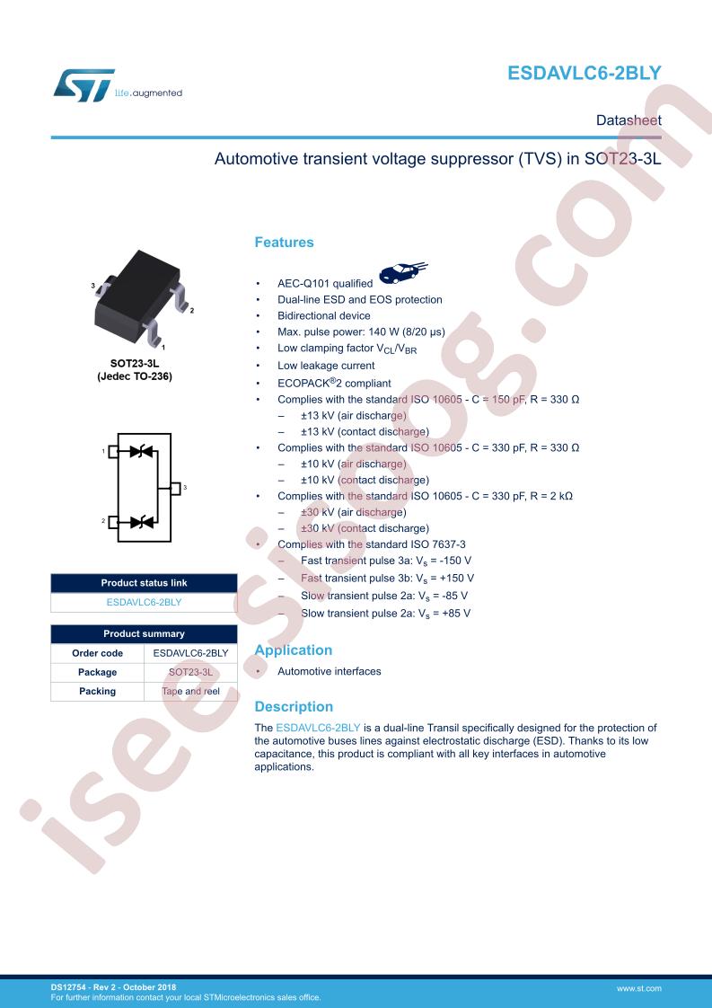 ESDAVLC6-2BLY Datasheet