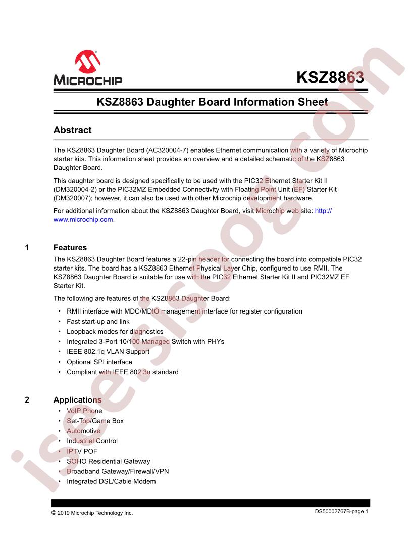KSZ8863 Daughter Board Information Sheet
