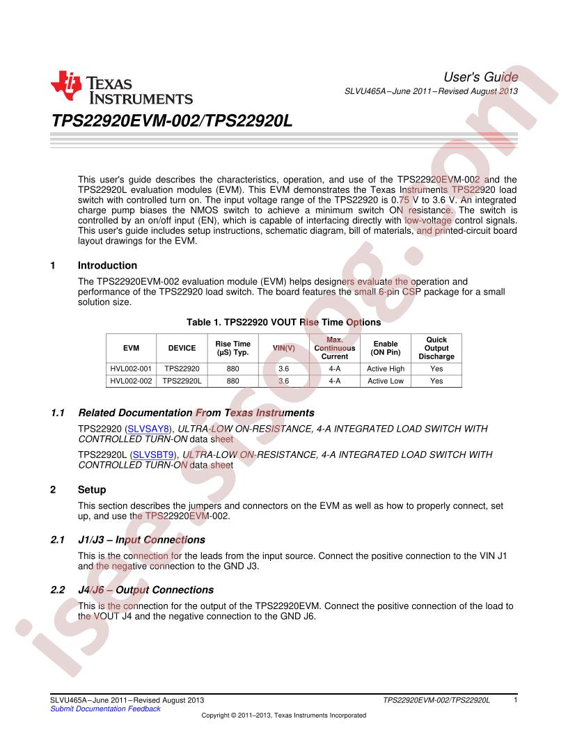 TPS22920EVM-002 User Guide