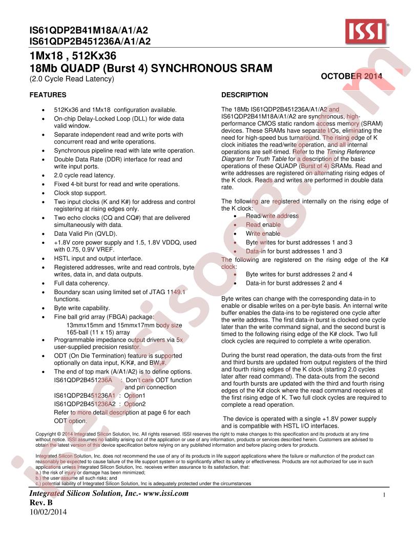 IS61QDP2B41M18A/A1/A2, IS61QDP2B451236A/A1/A2