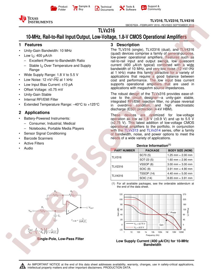 TLV316, 2316, 4316 Datasheet