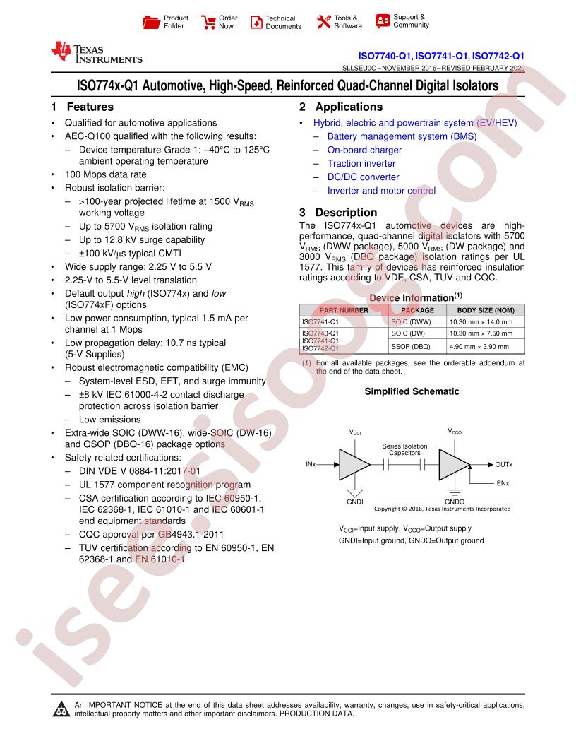 ISO77401-Q1, ISO7741-Q1, ISO7742-Q1