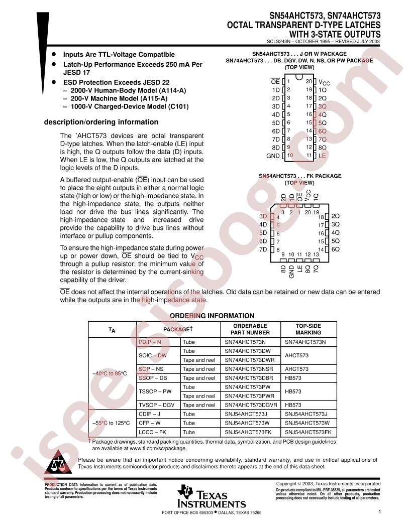 SN74AHCT573, SNJ54AHCT573