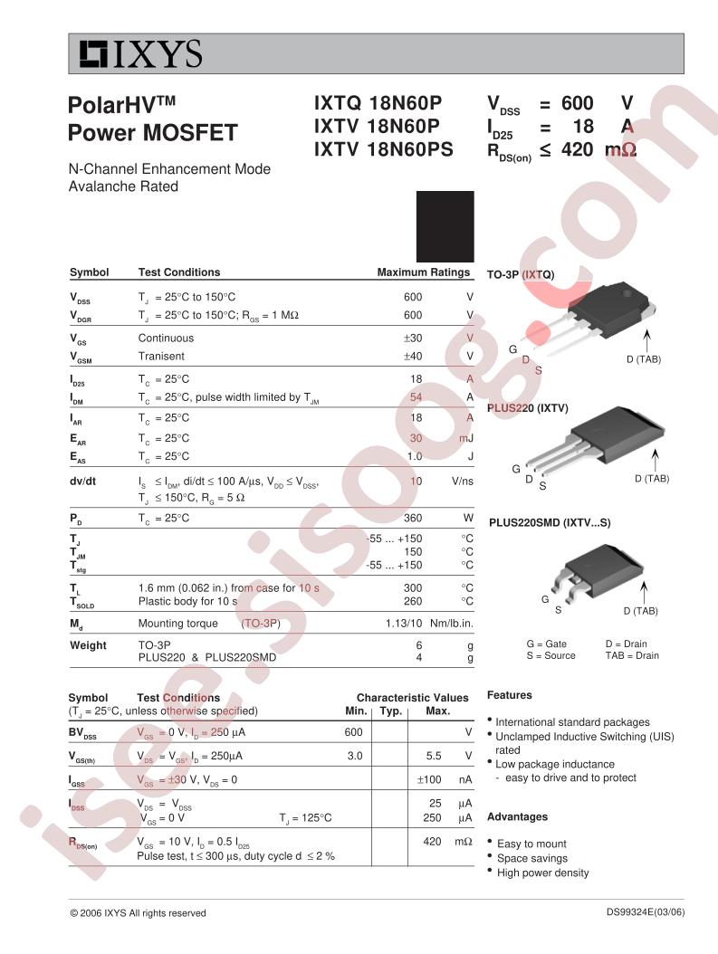 IXTQ18N60P, IXTV18N60P/PS